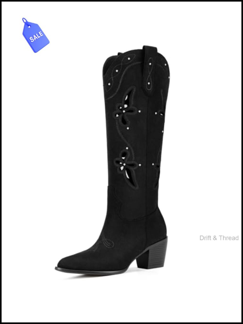 Knee High Western Cowboy Boots Faux Suede Pointed Toe Chunky Heel Pull On